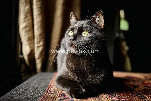 Elegant British Shorthair Black Cat Indoor Rest Photo Material