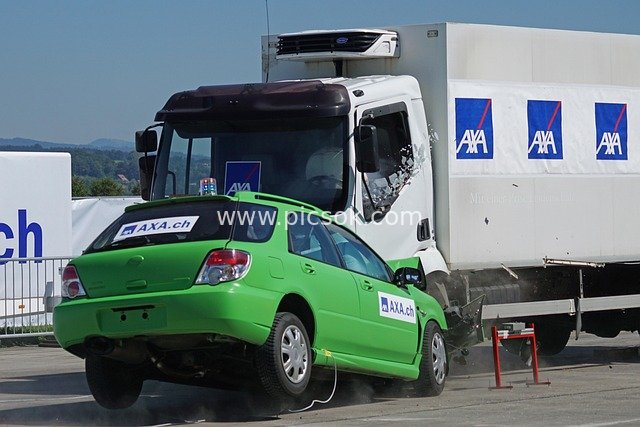 AXA Insurance Crash Test: Car vs. Truck Collision Scene