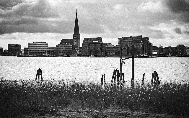 Black-and-White Photography: Rostock Baltic Sea Port Skyline