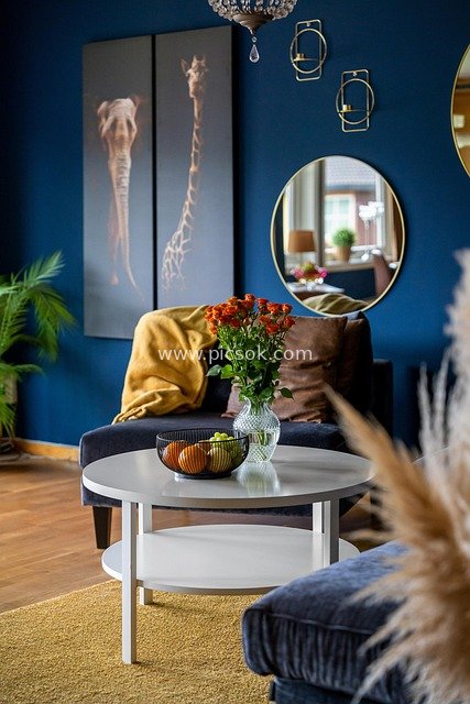 Deep Blue Luxury Living Room: Modern Art Home Decor Setting