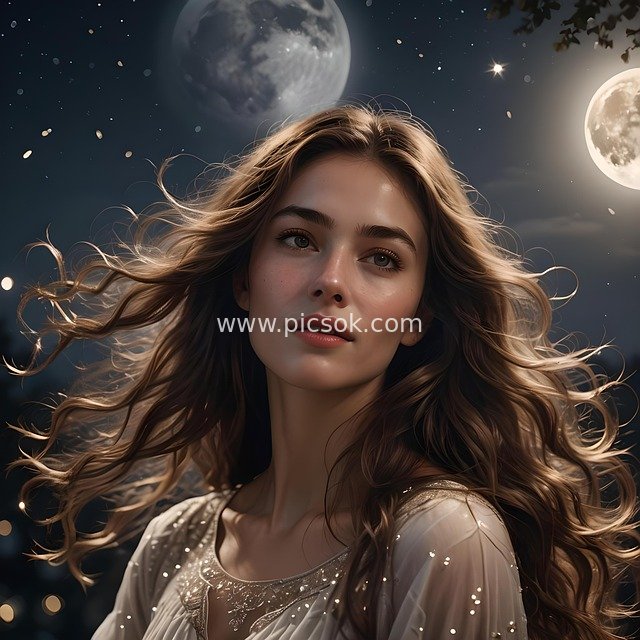 Moonlit Night Dreamy Female Portrait: Flowing Long Hair & Enchanting Starry Sky