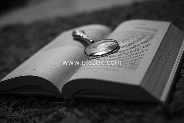 Magnifying Glass and Open Old Book: Black-and-White Suspenseful Exploration Scene
