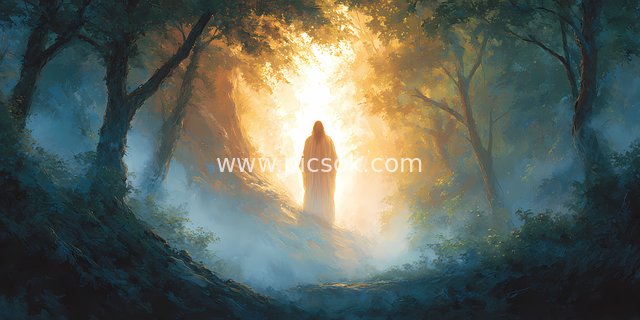 耶稣森林晨光中祈祷的宁静灵性场景