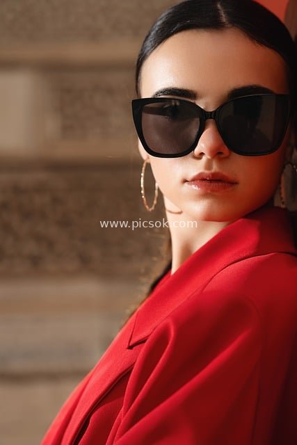 Urban Fashion Street Style: Portrait of a Confident Woman in Red Outfit