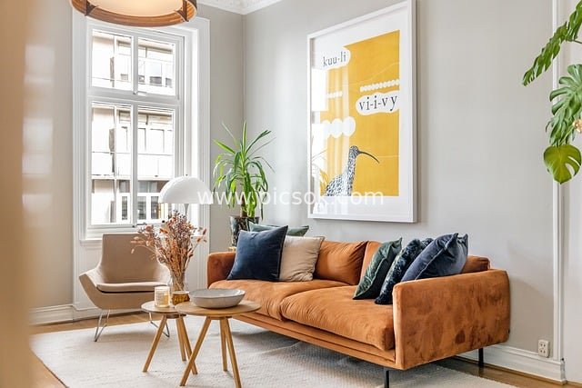 Nordic-Style Living Room Decoration: Orange Velvet Sofa & Art Wall Painting