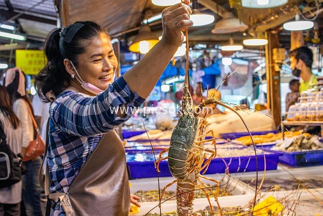 泰国芭提雅海鲜市场女摊主展示新鲜龙虾