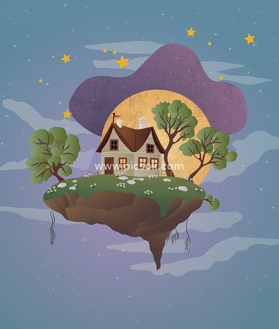 童话浮空岛梦幻小屋星空插画