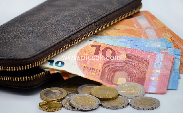 Euro Banknotes, Coins, and Brown Wallet - Financial Cash Material