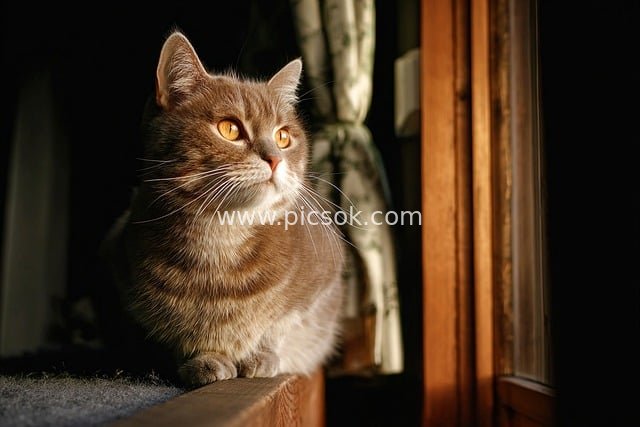 British Shorthair Cat by Window with Warm Light – Serene Cozy Cute Portrait