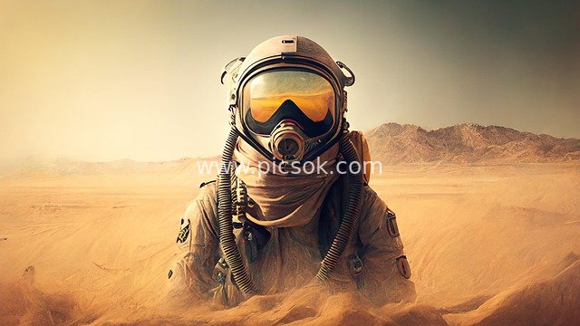 沙尘笼罩的沙漠中防护装备人物场景