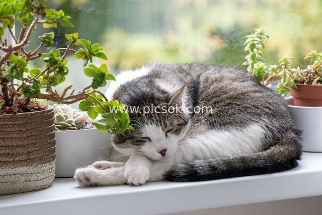 窗台熟睡的可爱家猫 绿植相伴温馨宠物画面