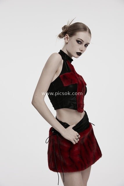 Gothic Dark Style Model’s Red & Black Fur Fashion Look