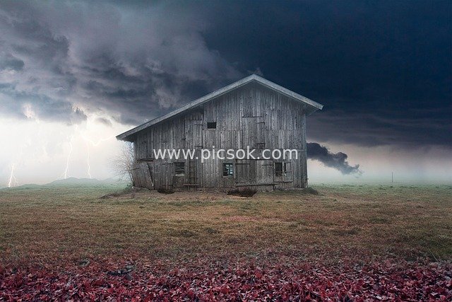 Abandoned Wooden Cabin in a Storm: Eerie and Terrifying Rural Landscape