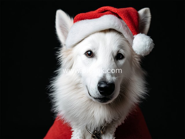可爱白色宠物狗戴圣诞帽的节日肖像