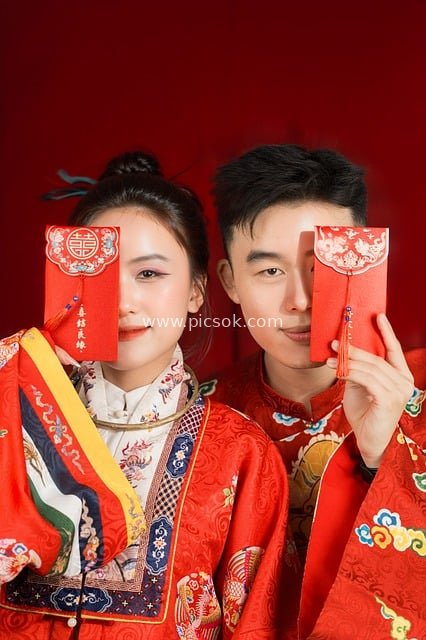 中式婚服新人持红包 喜庆婚礼写真素材