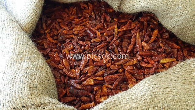 麻袋中的干红辣椒特写 香料调味有机食材