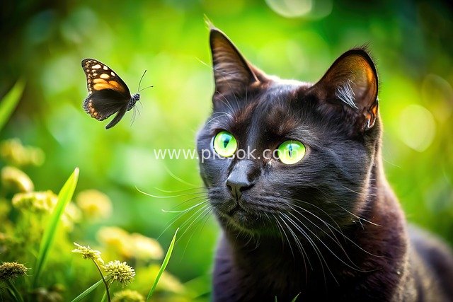 Black Cat Stares at Butterfly: The Natural Serenity of a Spring Garden