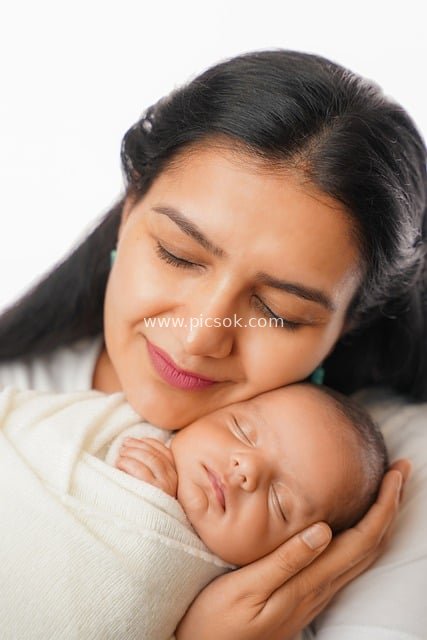 Warm Maternal Love: A Happy Moment of a Mother Holding a Sleeping Newborn