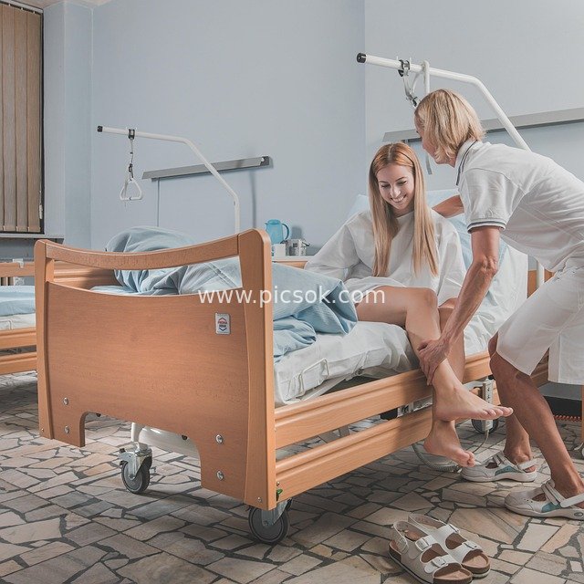 Scene of a Nurse Assisting a Patient with Rehabilitation Care Beside a Hospital Bed