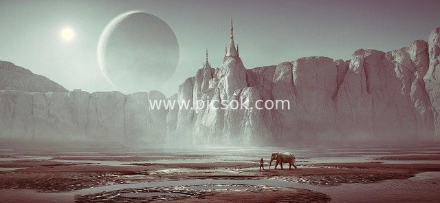 奇幻沙漠山谷：神秘建筑与双月巨象场景