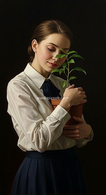 怀抱绿植的优雅女性油画肖像 宁静治愈氛围