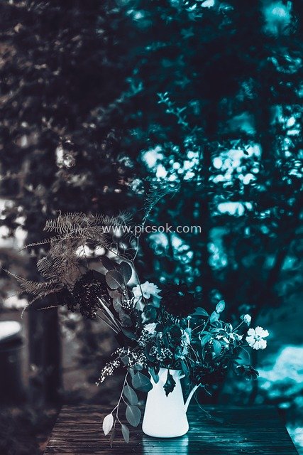 Vintage Wooden Table & White Pitcher Bouquet - Forest-inspired Romantic Atmosphere Photo