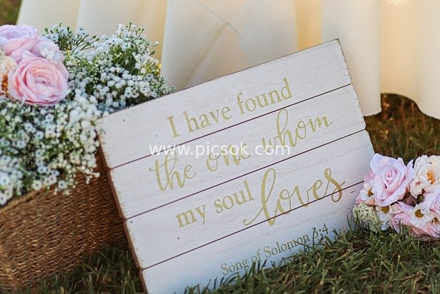 Wedding Wooden Sign with Bible Verse & Romantic Floral Decoration Setup