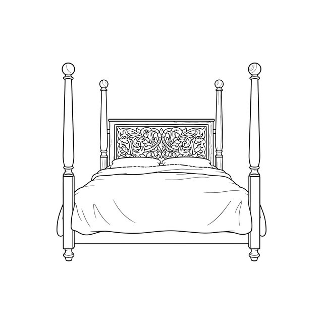 复古四柱床线稿图 卧室家具手绘设计素材
