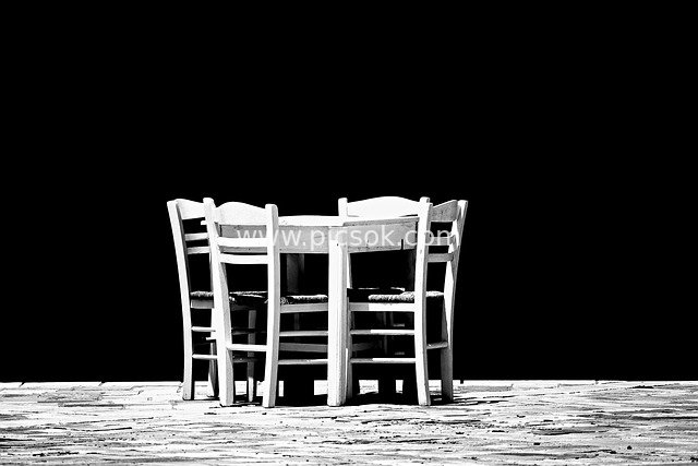 Black and White Abandoned Pub Tables and Chairs: Lonely Wooden Scene Image Material