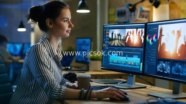 Office Scene of a Female Professional Engaged in Video Editing