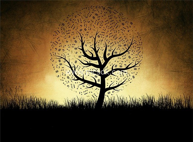 Music Symbol Tree Silhouette - Warm-Toned Dusk Landscape Wallpaper