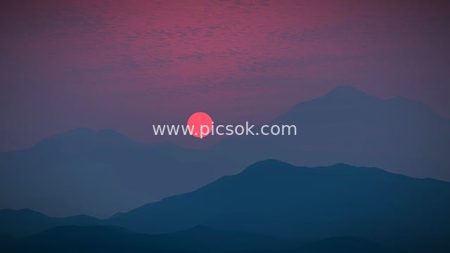 Cascading Mountains with Red Sun at Pink-Purple Dusk: Serene Aesthetic Landscape